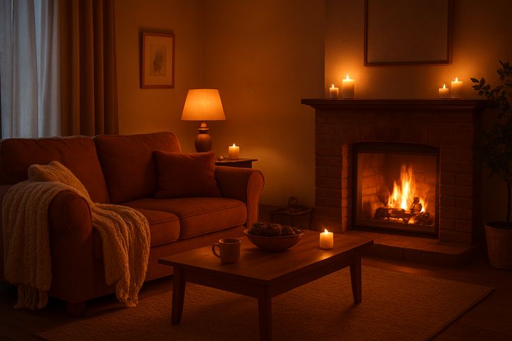 Softly lit living space arranged for a calm evening wind-down session