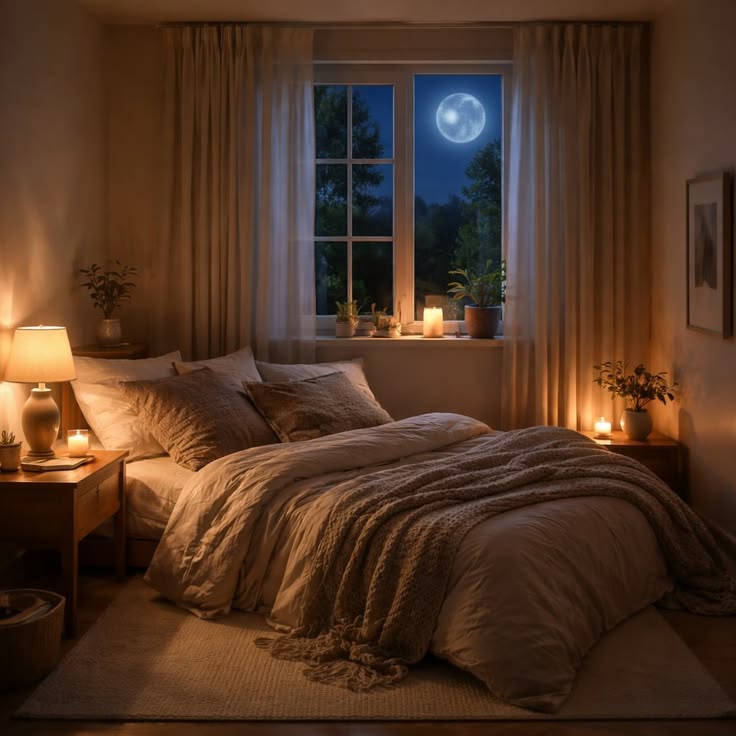 Bedroom arranged with neutral tones and soft lighting for evening preparation