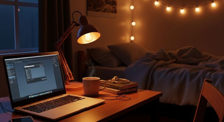 Organized desk with planning journal, pen, and warm desk lamp for evening planning