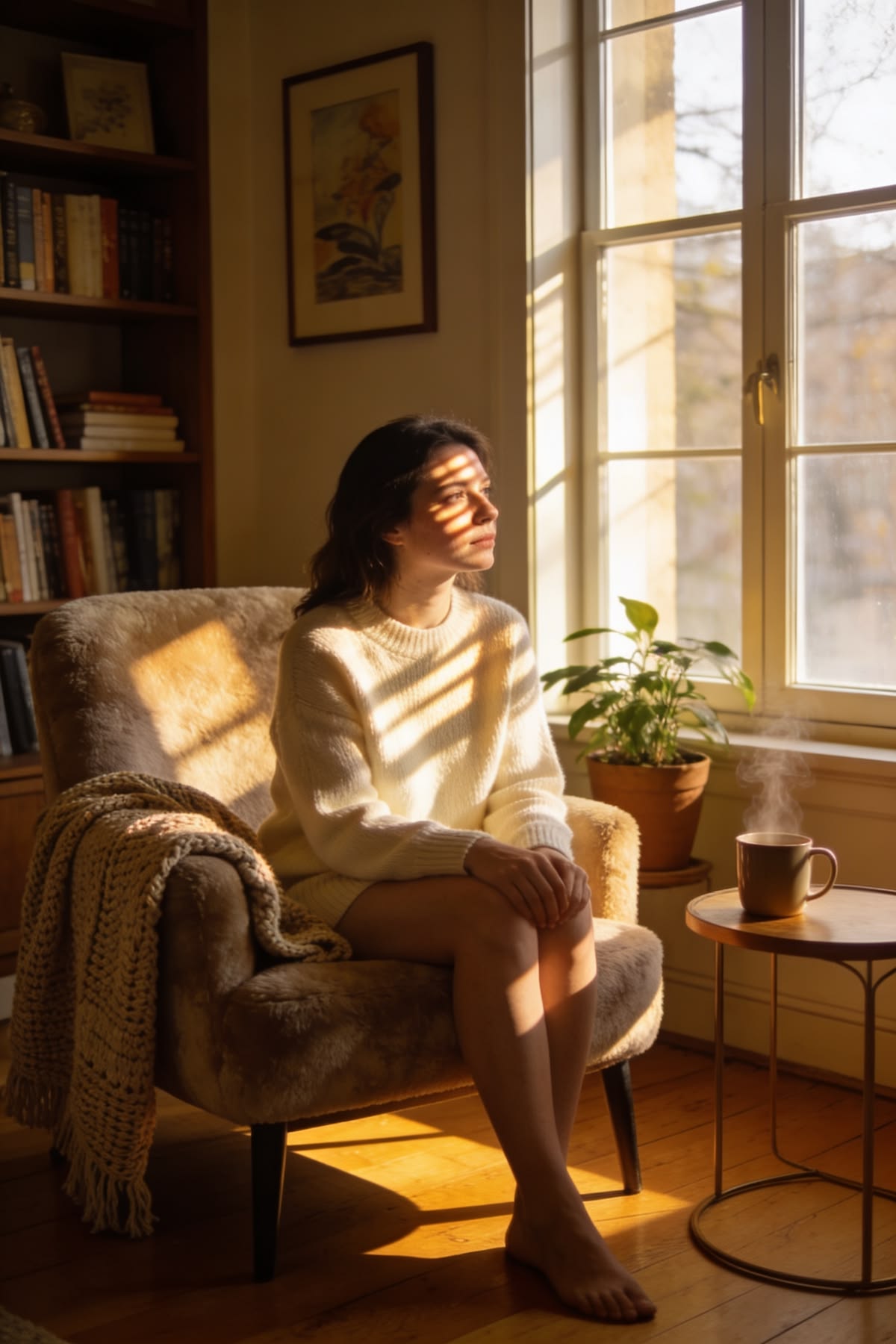 Person seated in a comfortable chair during a quiet evening wind-down session with soft lighting